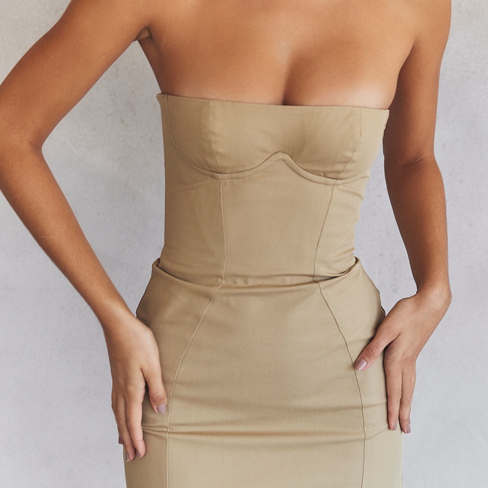 Elegant Strapless Tan Dress